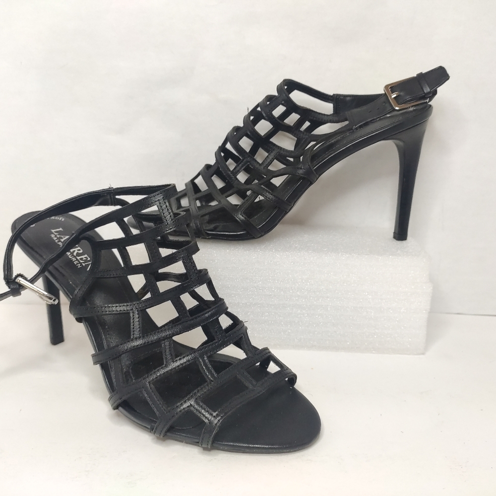 Ralph Lauren Sandra Leather Heel Sandals Size| 9B Color| Black